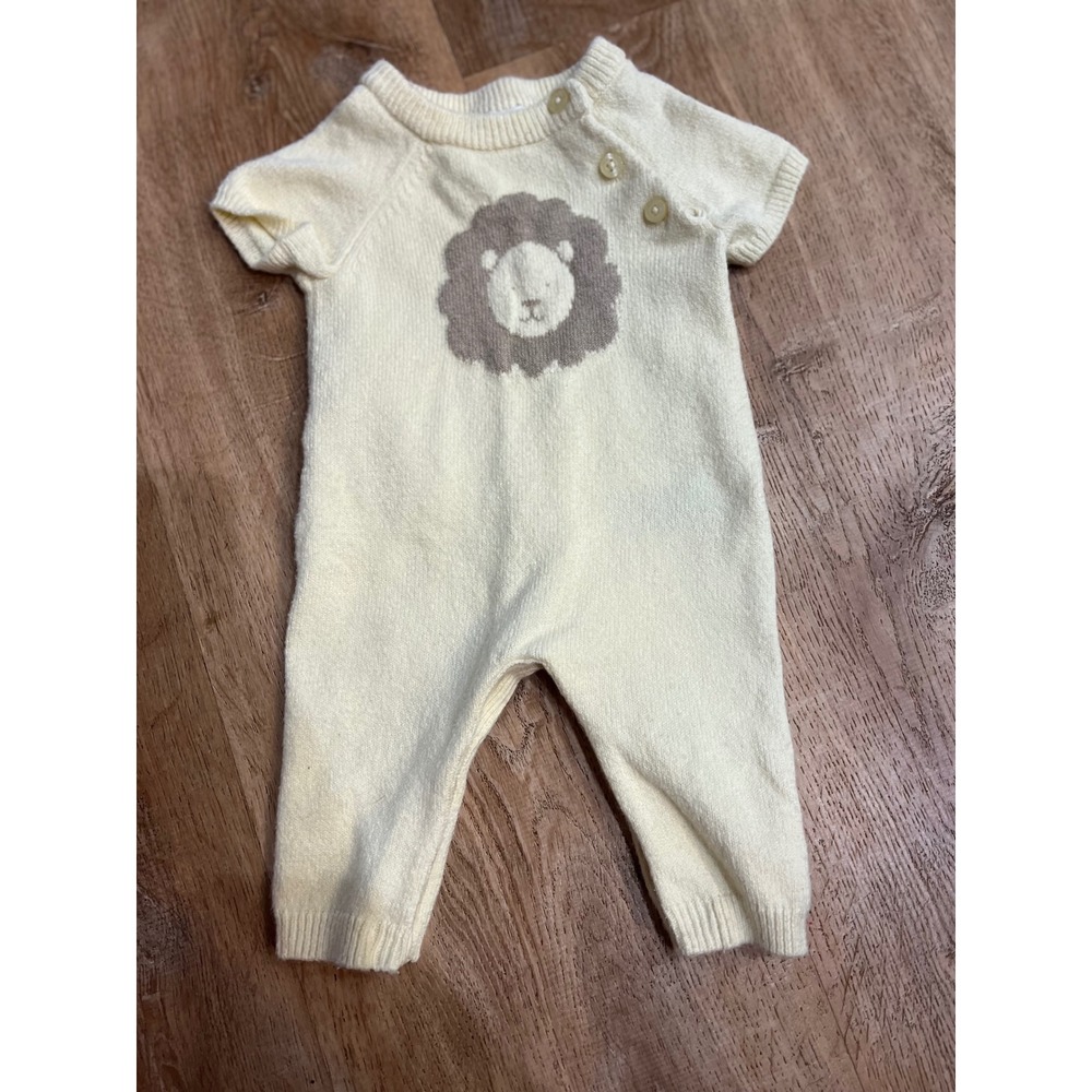 Janie and Jack Baby Lion Knit Romper Cream 0-3 Months Shoulder Button One Piece